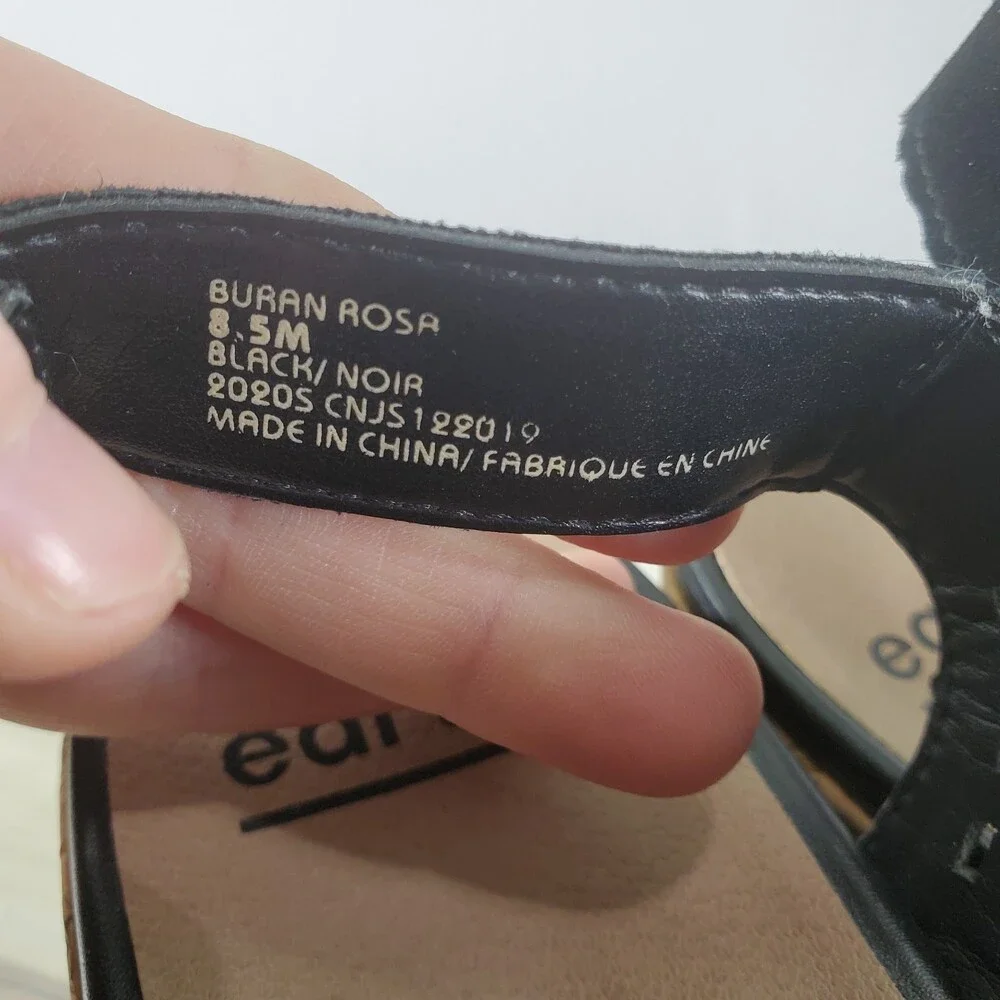 Earth Buran Rosa 8.5 Black Kid Suede Wedge Sandal T Strap Ankle Cork Cut Out